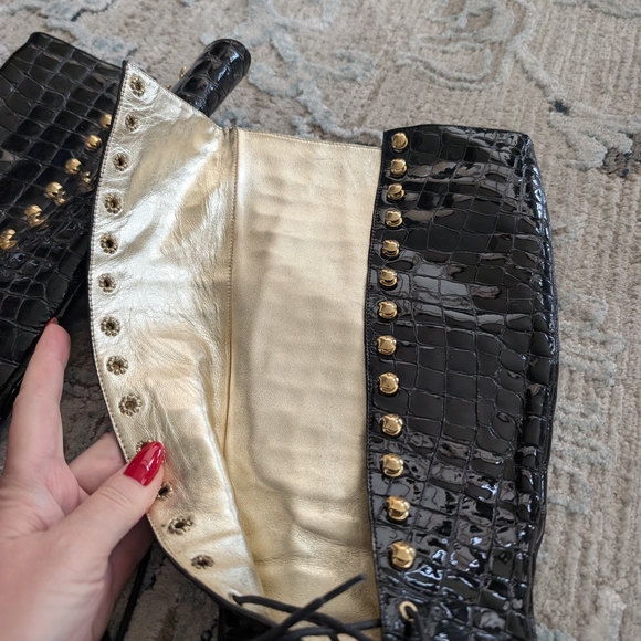 John Fluevog Black Croc-Patterned Boots with Gold Details - Picture 5 of 6